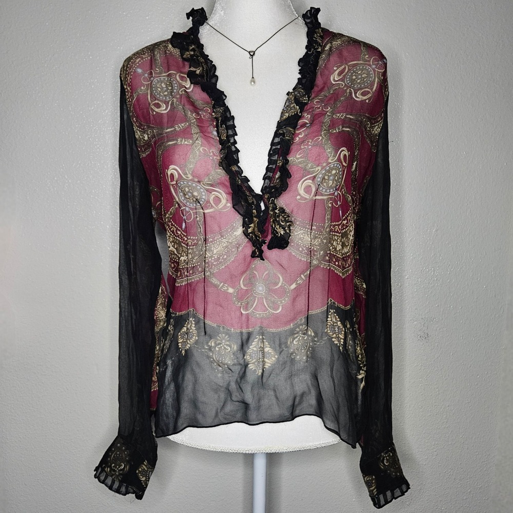 ICE Silk Sheer Ruffle V-Neck Blouse Baroque Print